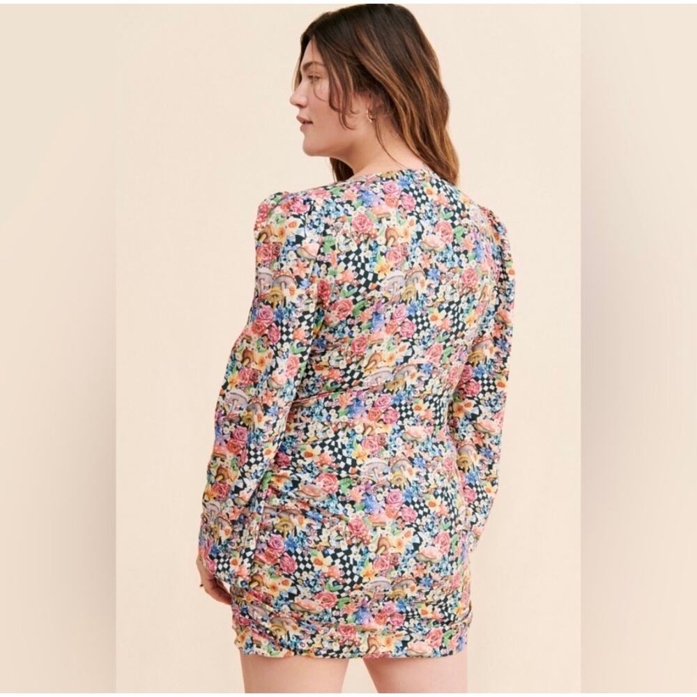For Love & Lemons June Bell Sleeve Checkered Floral Print Mini Dress Size Medium - Picture 2 of 8
